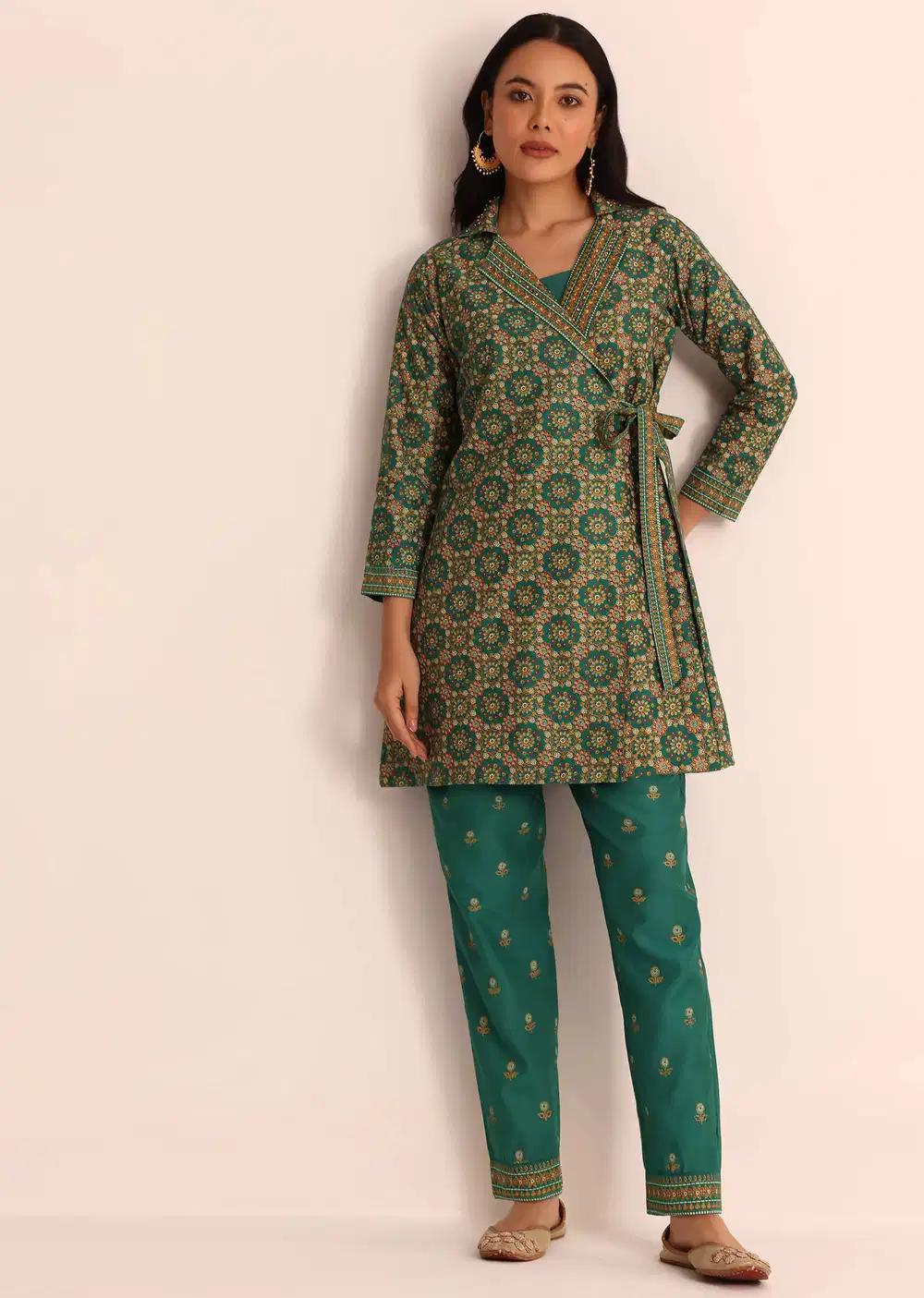 Green Printed Silk Kurta And Pant Outfit