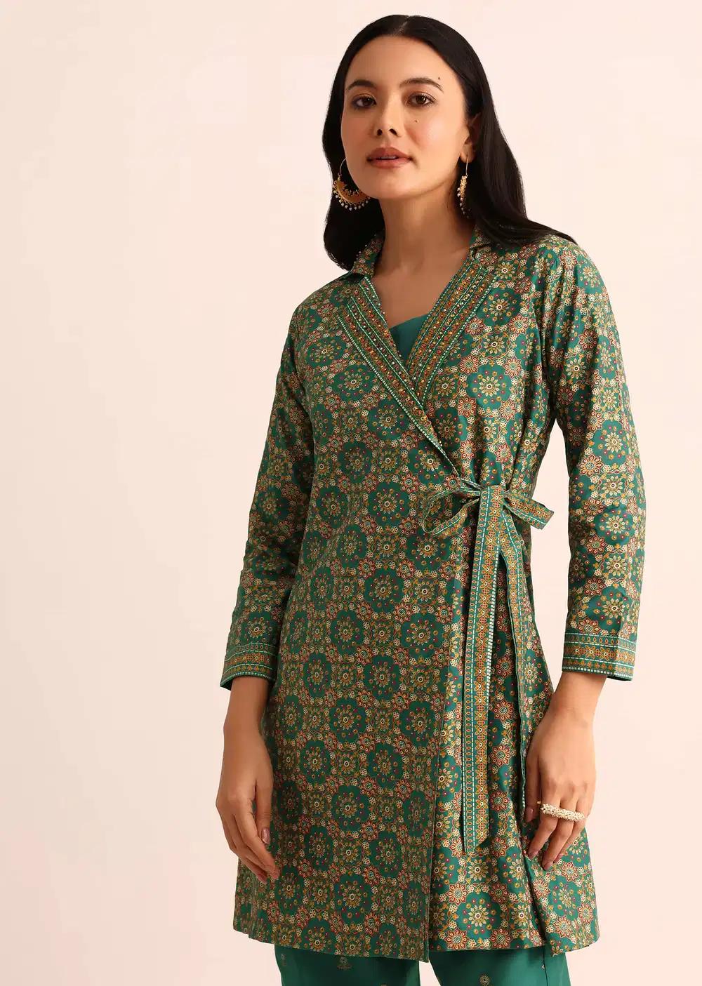Green Printed Silk Kurta And Pant Outfit