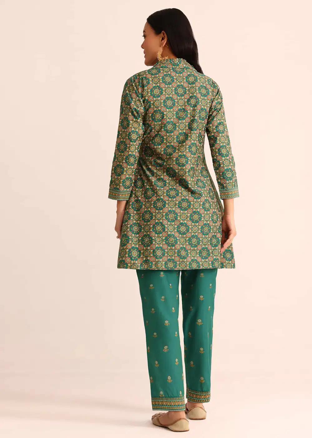 Green Printed Silk Kurta And Pant Outfit