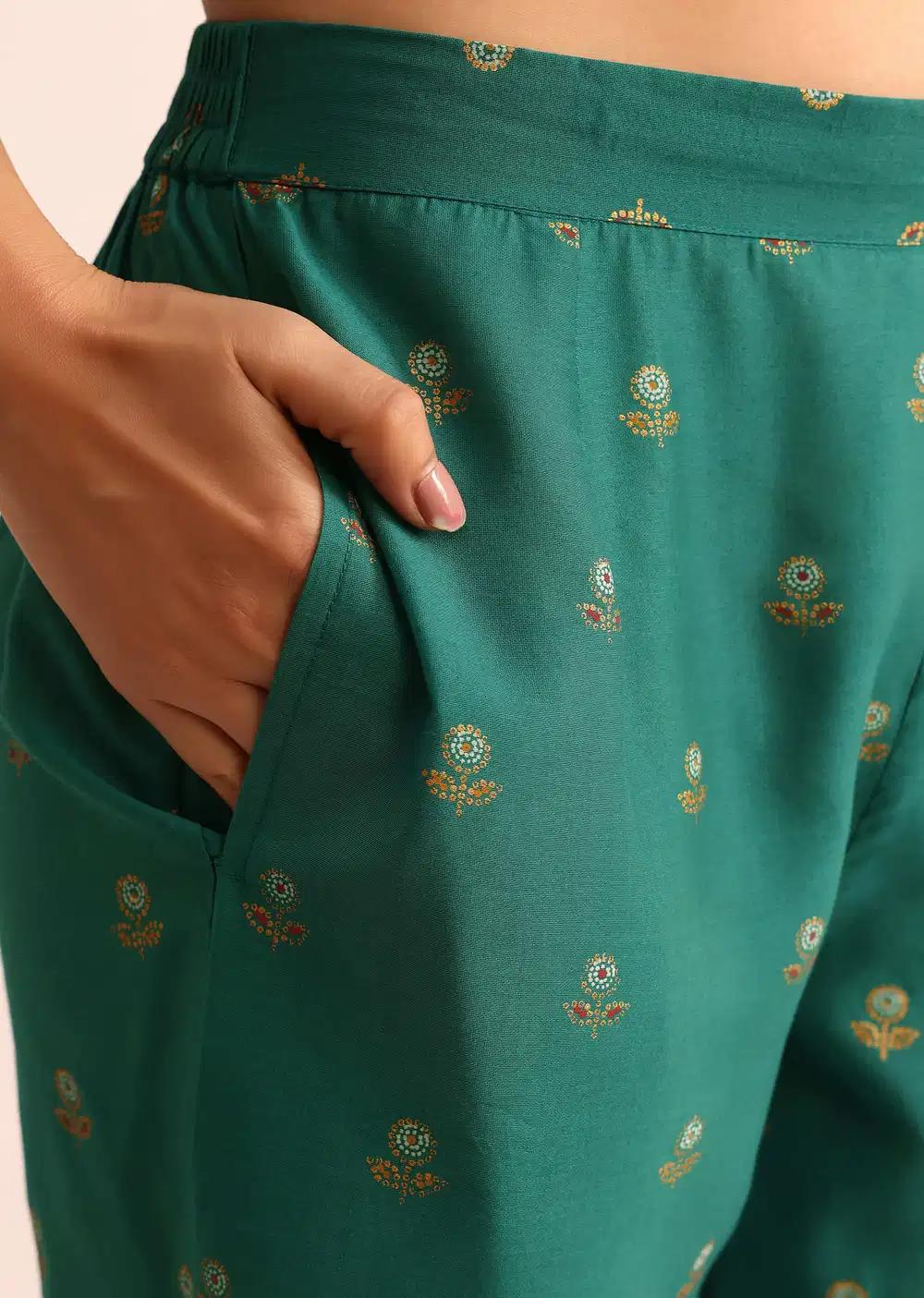Green Printed Silk Kurta And Pant Outfit