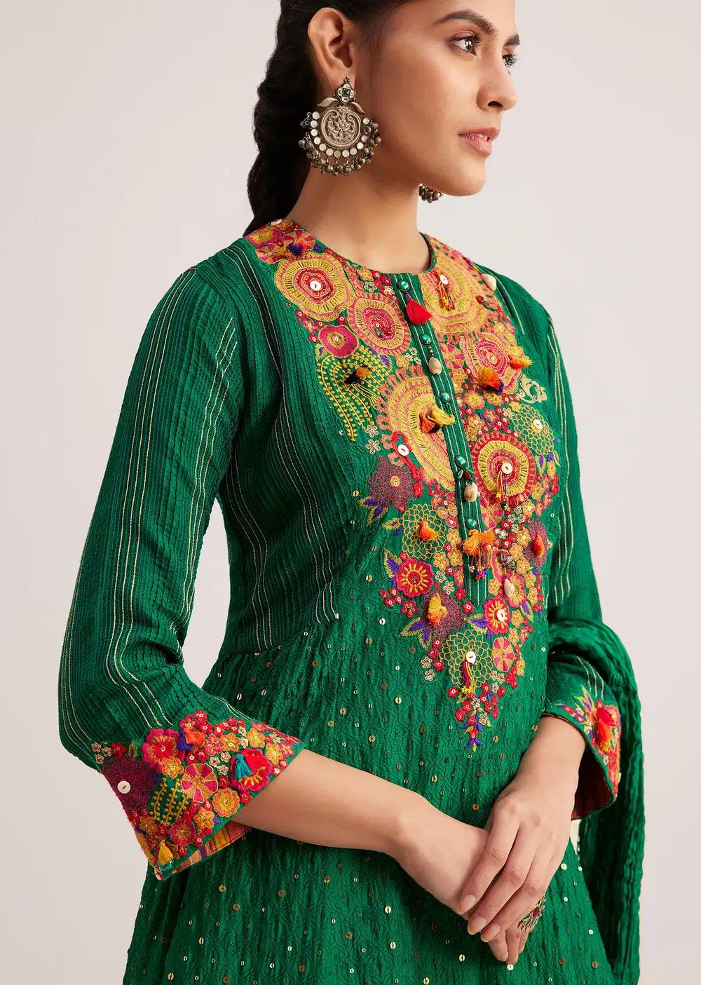 Green Silk Kurta Ensemble With Resham Embroidery And Textured Dupatta Outfit