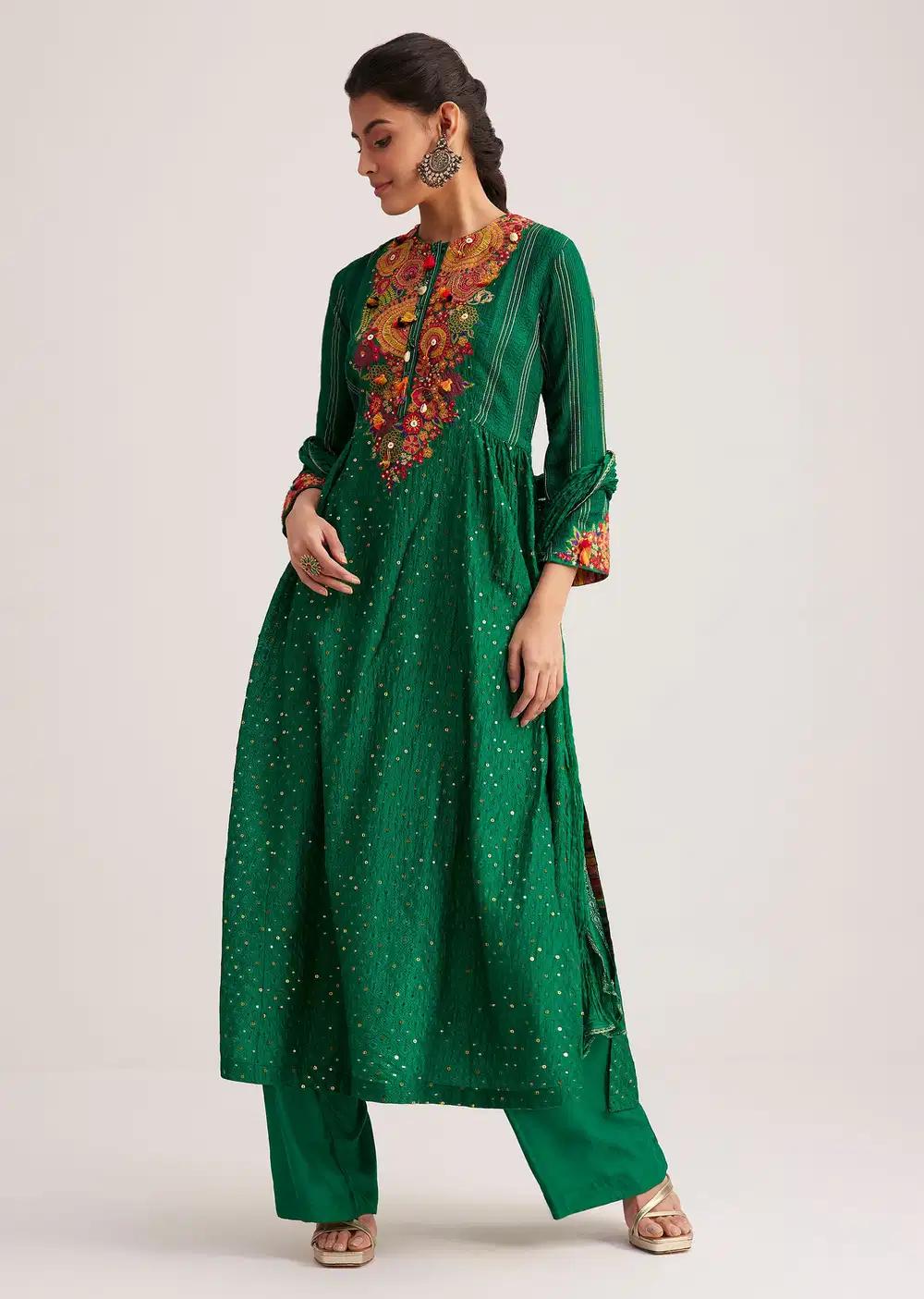 Green Silk Kurta Ensemble With Resham Embroidery And Textured Dupatta Outfit