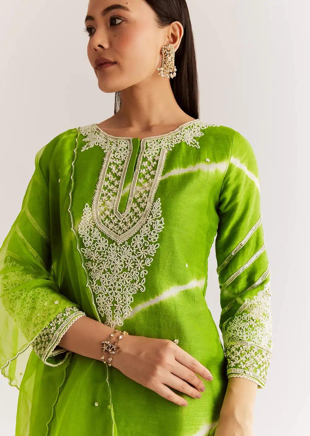 Green Silk Leheriya Kurta Ensemble With Moti Work Outfit