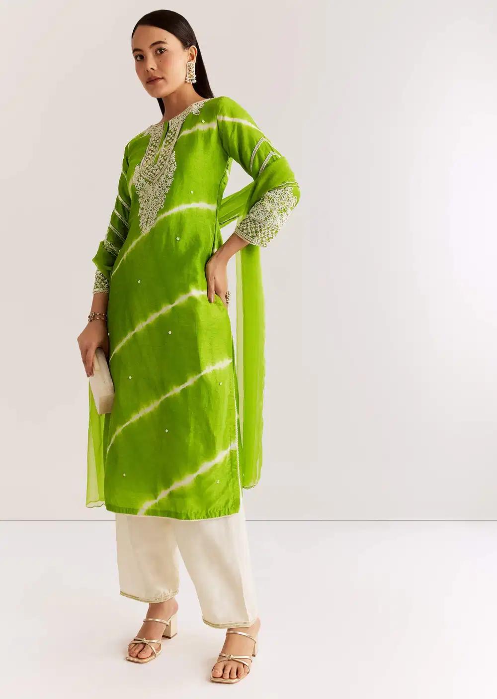 Green Silk Leheriya Kurta Ensemble With Moti Work Outfit