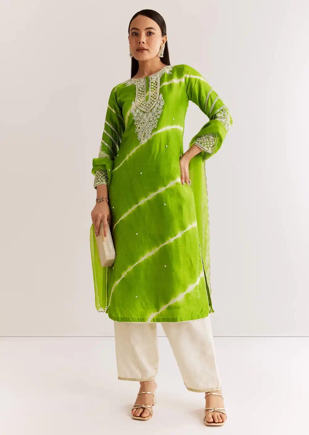 Green Silk Leheriya Kurta Ensemble With Moti Work Outfit
