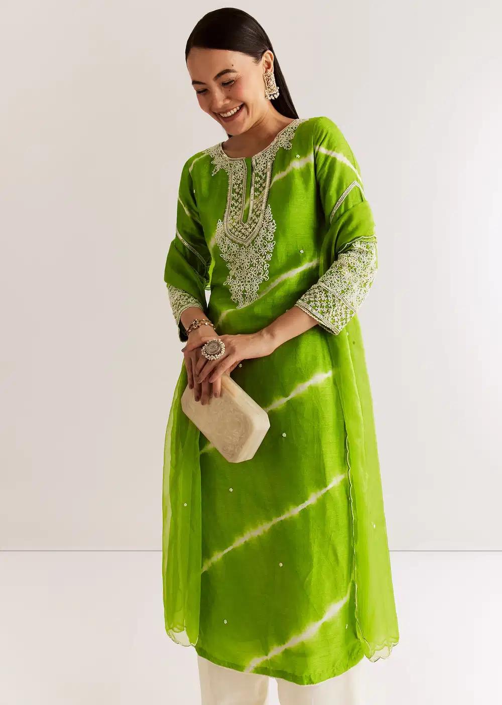 Green Silk Leheriya Kurta Ensemble With Moti Work Outfit
