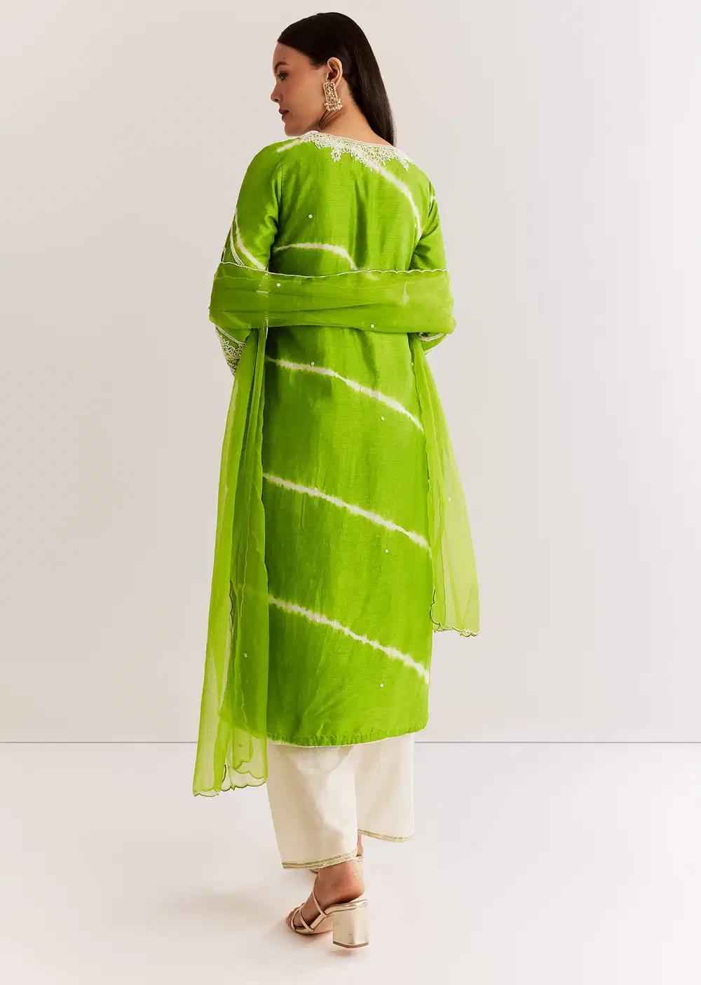 Green Silk Leheriya Kurta Ensemble With Moti Work Outfit