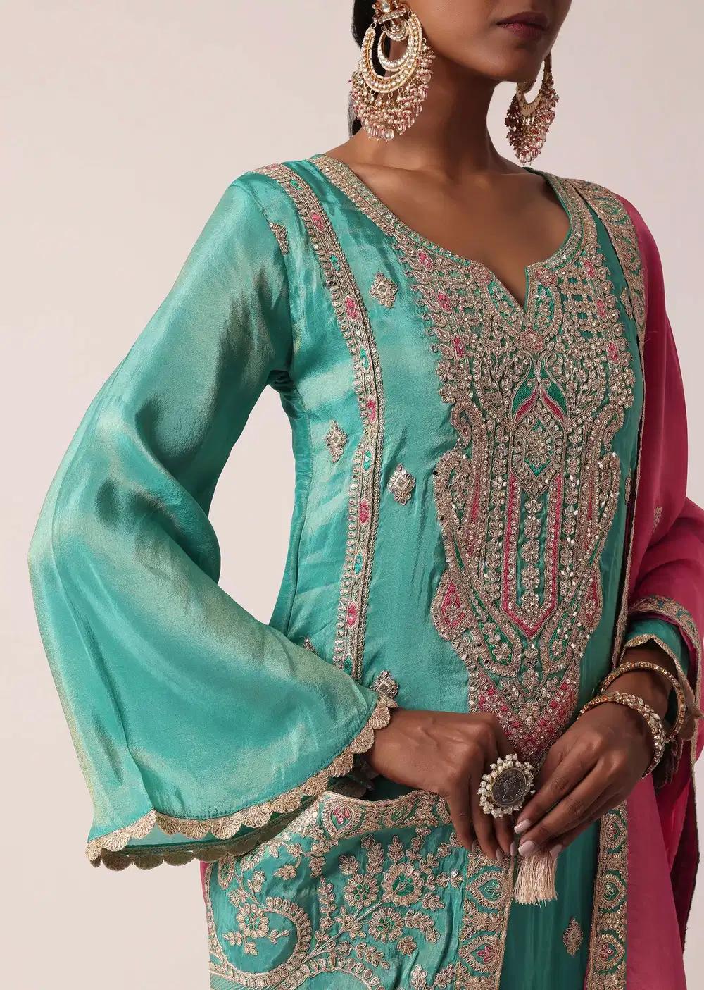 Green Silk Pant Ensemble With Zari Embroidered Kurta Outfit