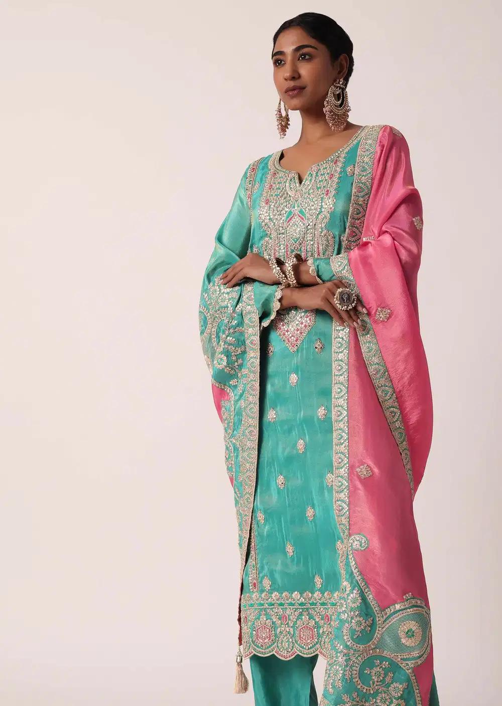 Green Silk Pant Ensemble With Zari Embroidered Kurta Outfit