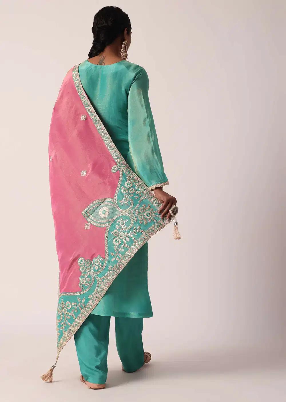 Green Silk Pant Ensemble With Zari Embroidered Kurta Outfit