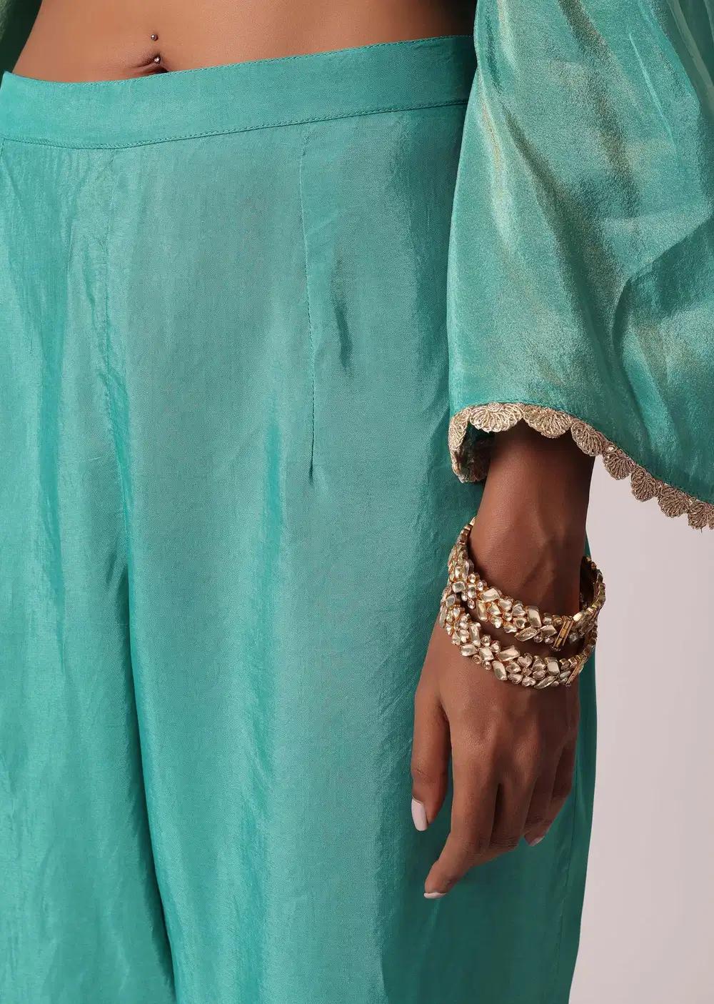 Green Silk Pant Ensemble With Zari Embroidered Kurta Outfit