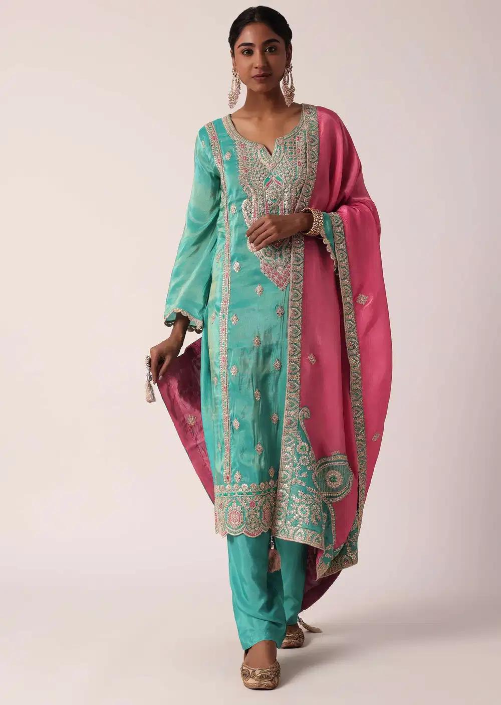 Green Silk Pant Ensemble With Zari Embroidered Kurta Outfit