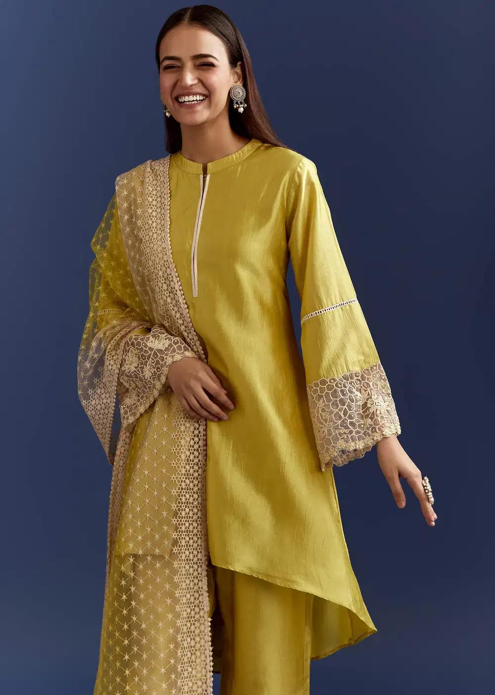 Green Thread And Sequins Work Kurta Ensemble With Net Dupatta In Fuji Silk Outfit