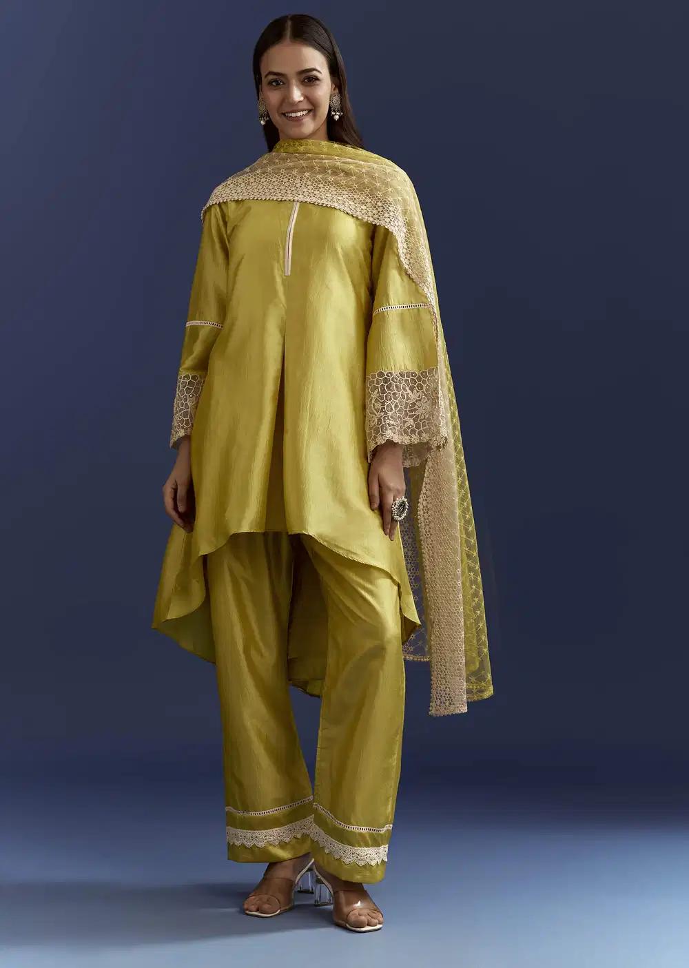 Green Thread And Sequins Work Kurta Ensemble With Net Dupatta In Fuji Silk Outfit