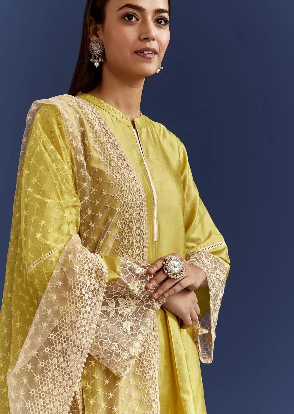 Green Thread And Sequins Work Kurta Ensemble With Net Dupatta In Fuji Silk Outfit