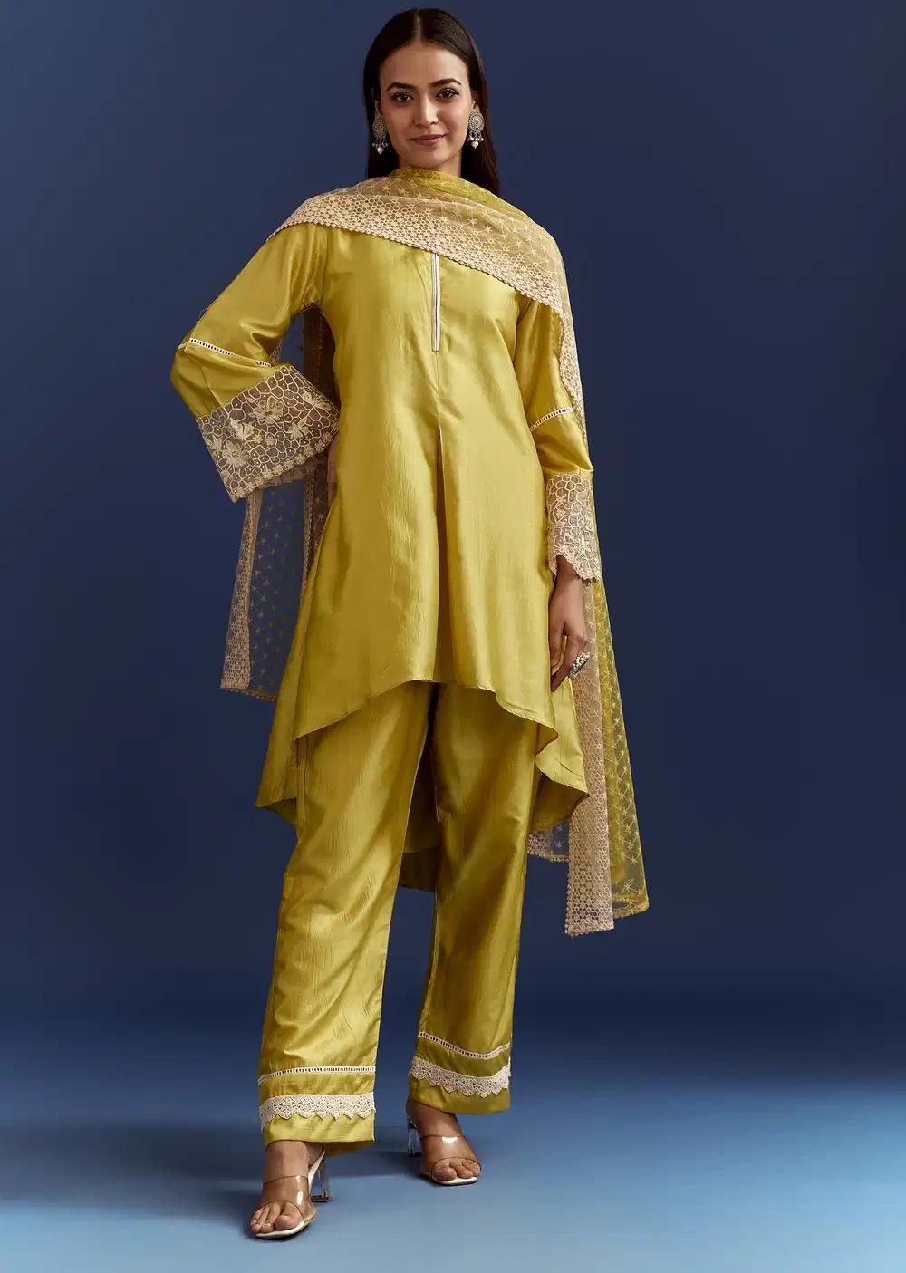 Green Thread And Sequins Work Kurta Ensemble With Net Dupatta In Fuji Silk Outfit