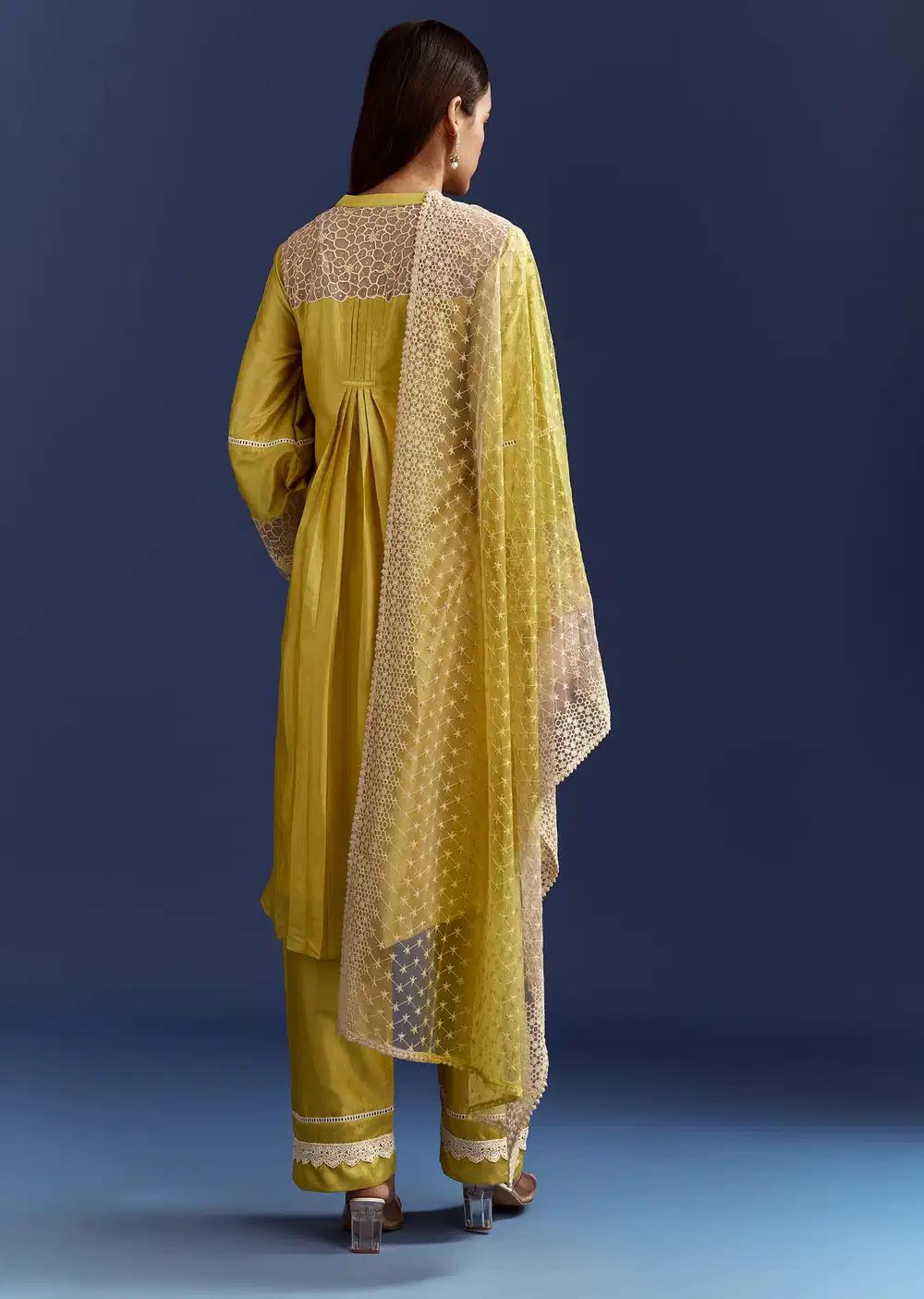Green Thread And Sequins Work Kurta Ensemble With Net Dupatta In Fuji Silk Outfit