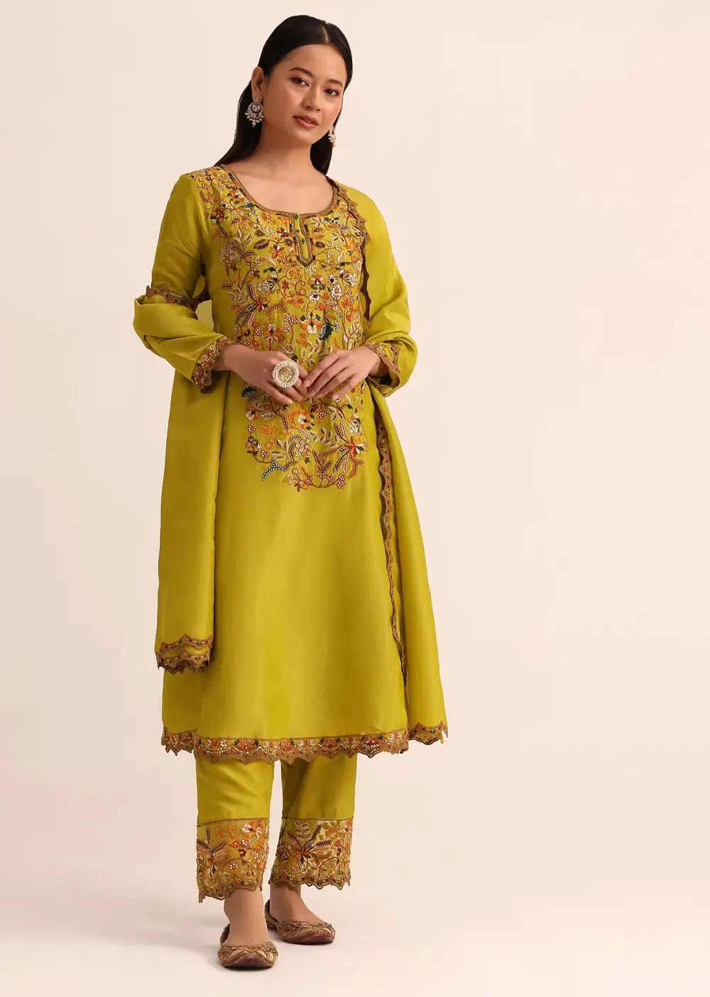 Green Tissue Kurta Ensemble With Dupatta In Thread Work Outfit