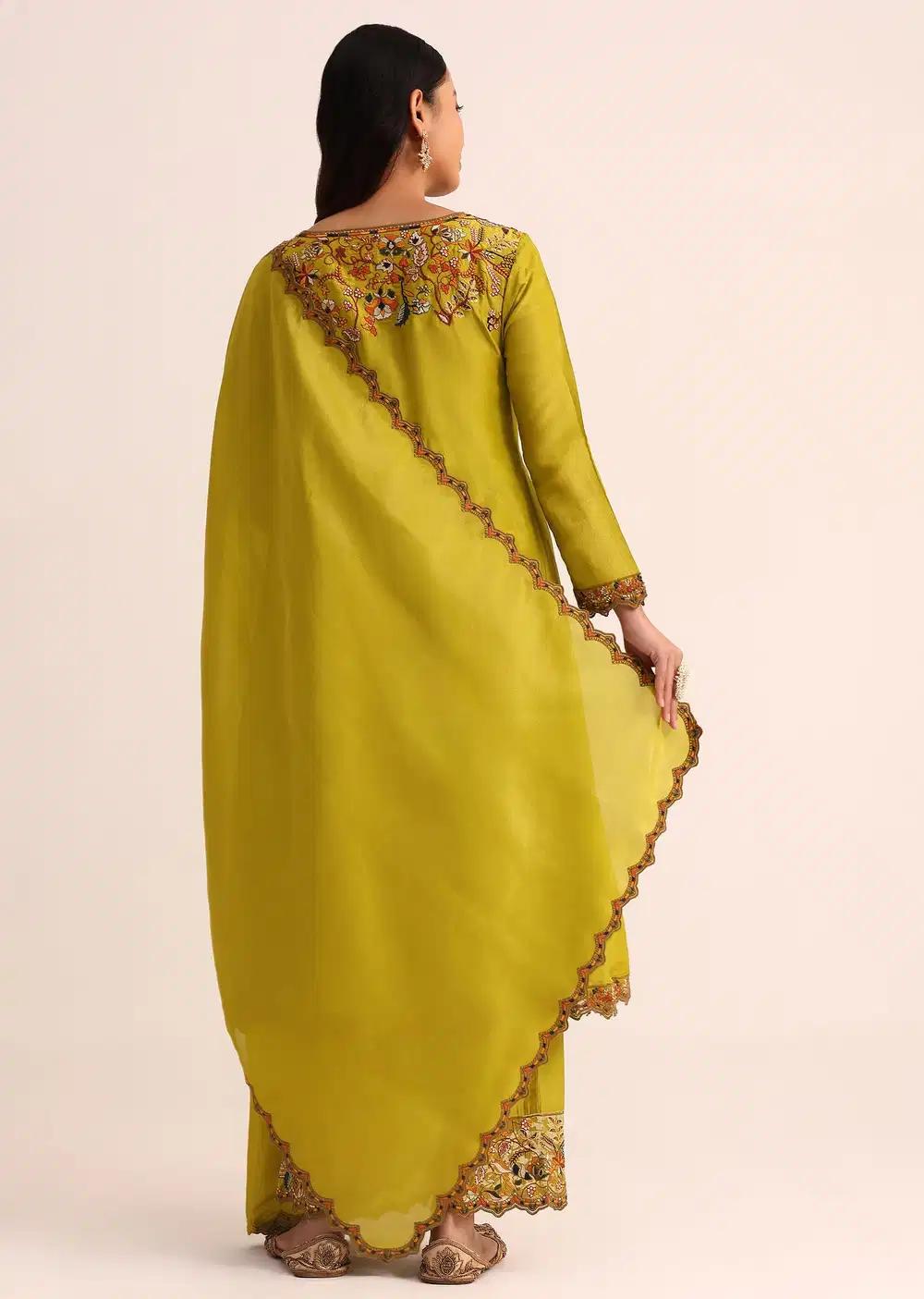 Green Tissue Kurta Ensemble With Dupatta In Thread Work Outfit