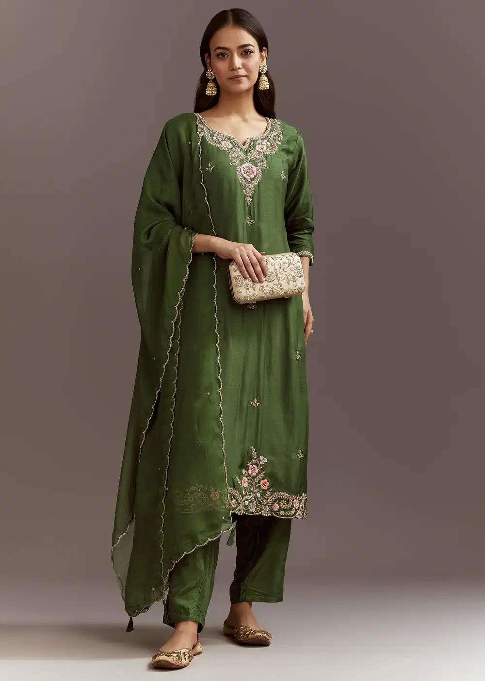 Green Zardosi Dola Silk Kurta Ensemble With Cut Dana Organza Dupatta Outfit