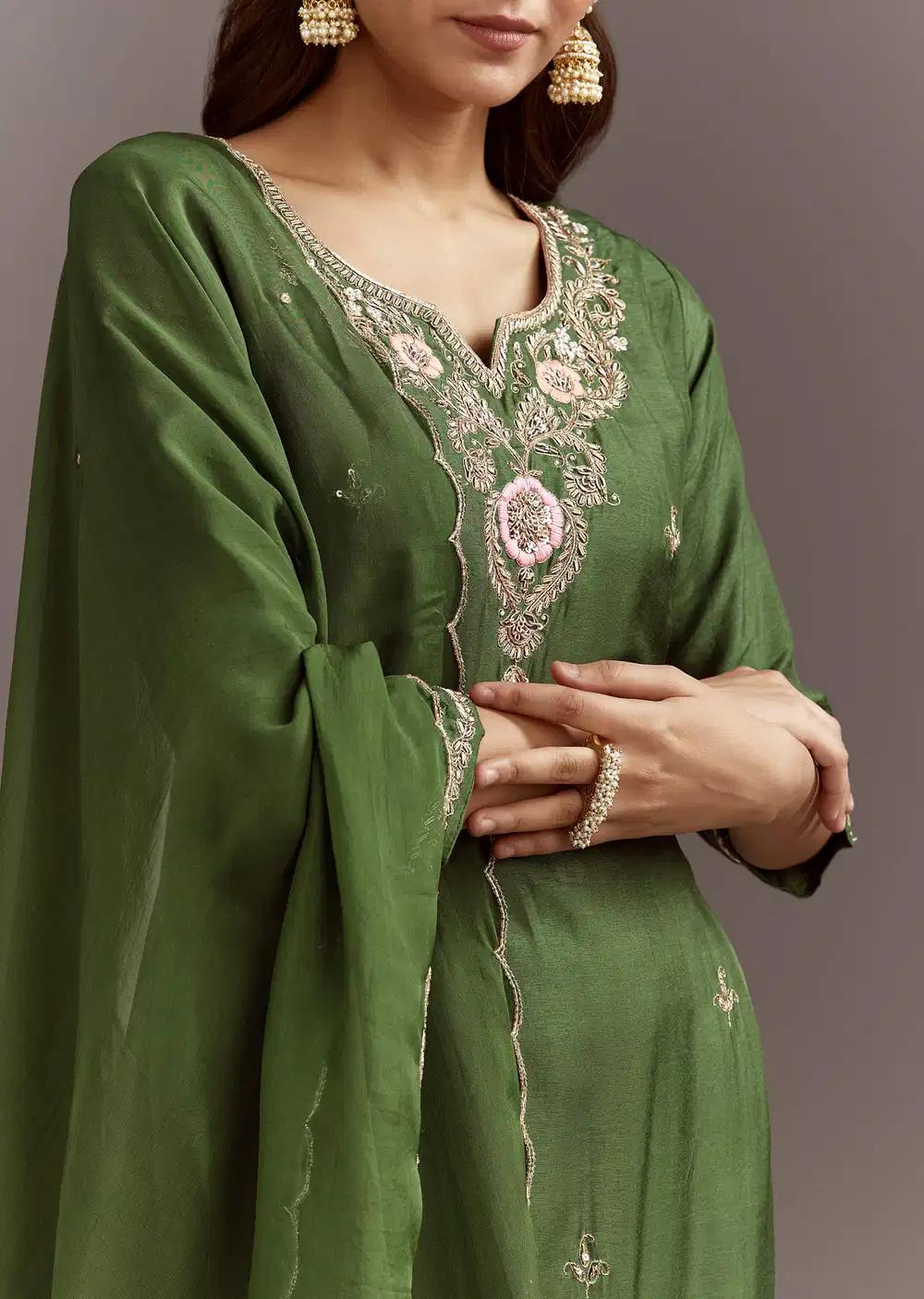 Green Zardosi Dola Silk Kurta Ensemble With Cut Dana Organza Dupatta Outfit