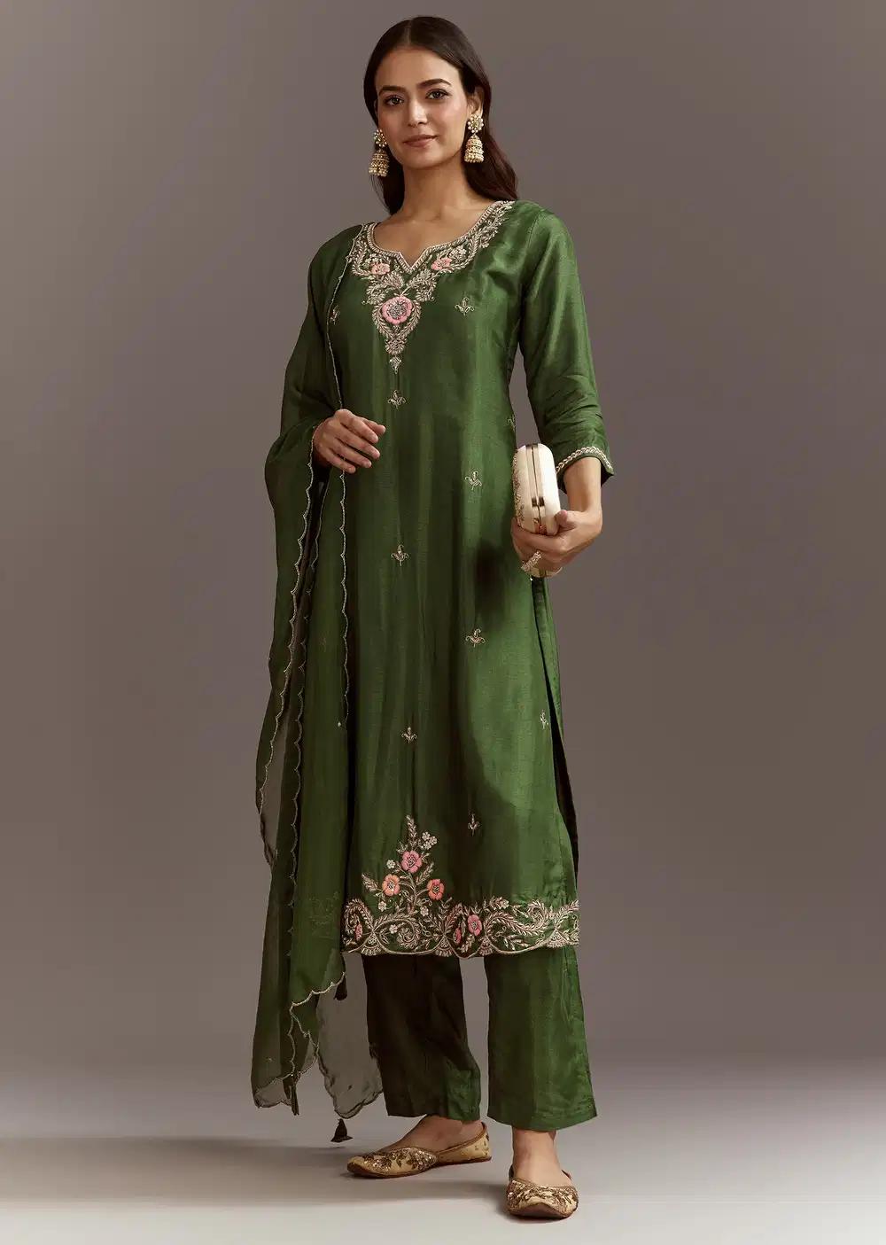 Green Zardosi Dola Silk Kurta Ensemble With Cut Dana Organza Dupatta Outfit
