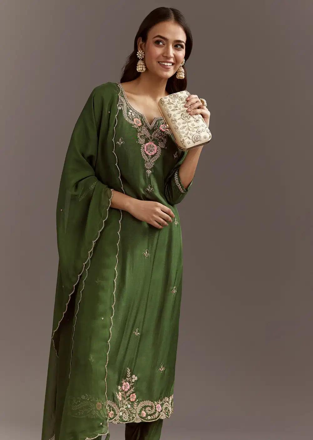 Green Zardosi Dola Silk Kurta Ensemble With Cut Dana Organza Dupatta Outfit