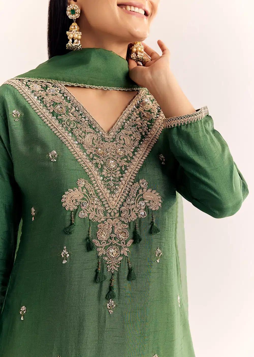 Green Zardosi Work Dola Silk Kurta Dupatta Suit Outfit