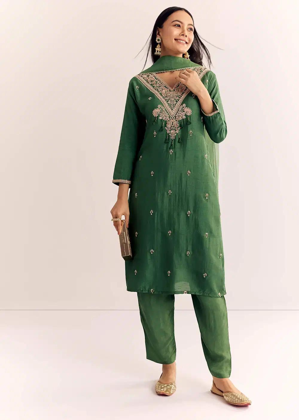 Green Zardosi Work Dola Silk Kurta Dupatta Suit Outfit