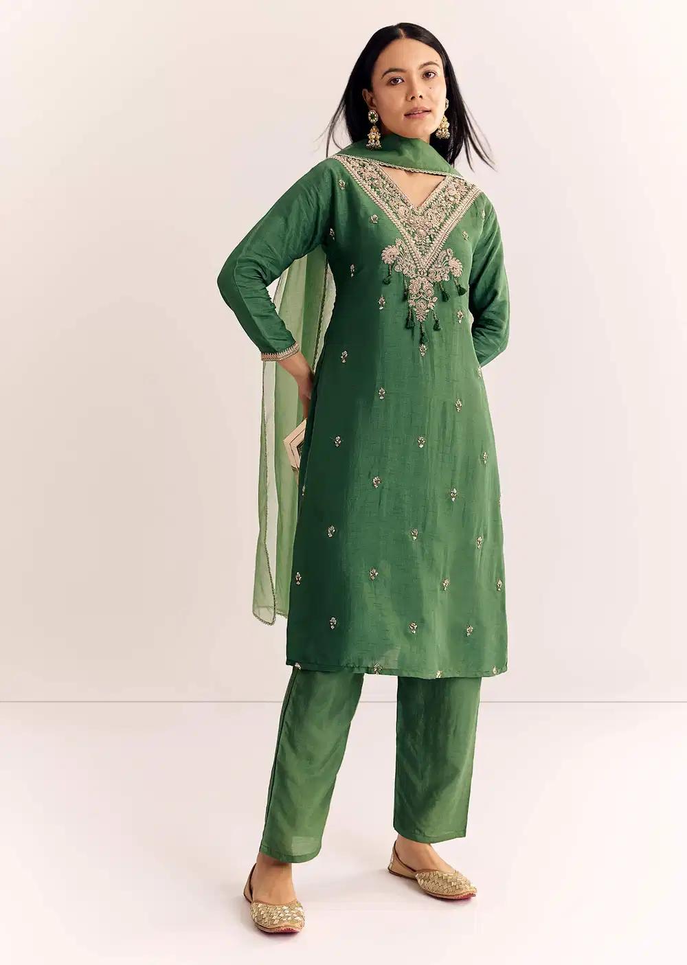 Green Zardosi Work Dola Silk Kurta Dupatta Suit Outfit
