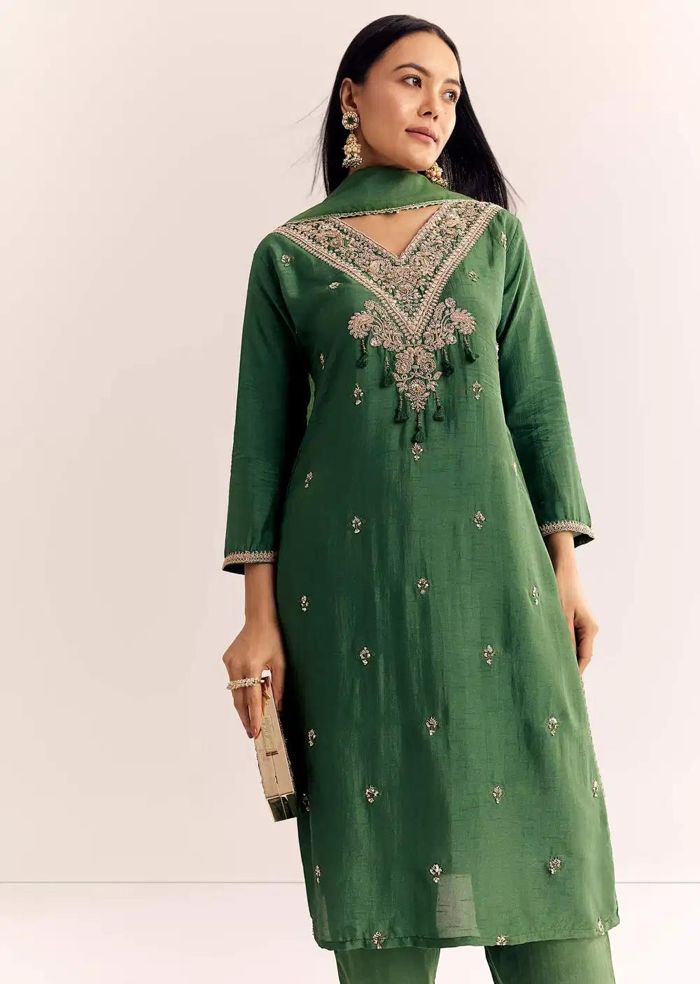 Green Zardosi Work Dola Silk Kurta Dupatta Suit Outfit