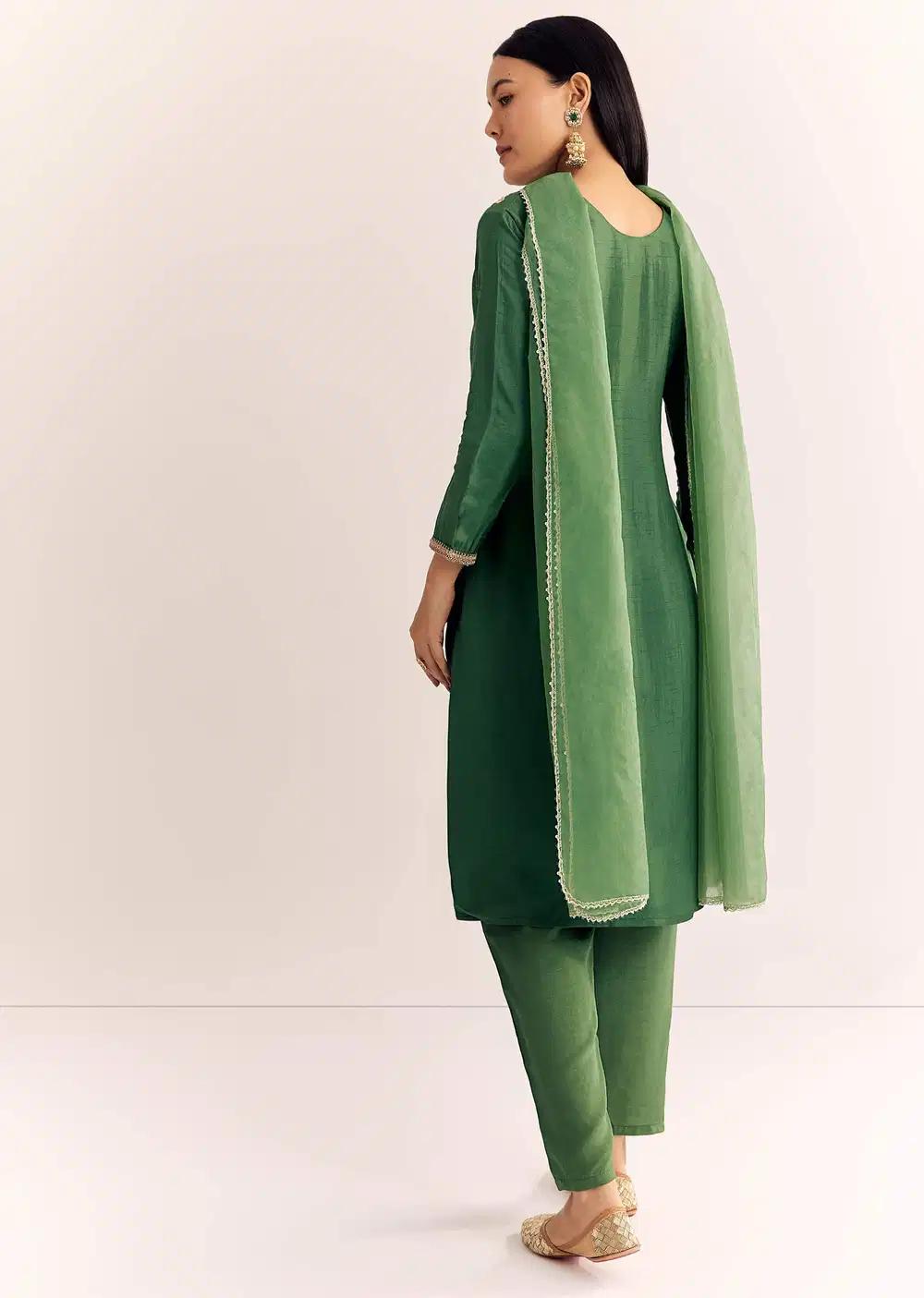 Green Zardosi Work Dola Silk Kurta Dupatta Suit Outfit