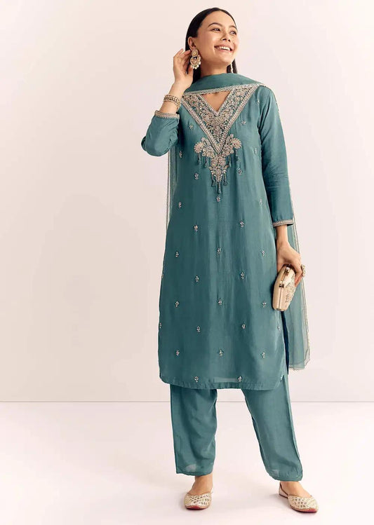 Green Zardosi Work Dola Silk Kurta Ensemble With Dupatta Outfit
