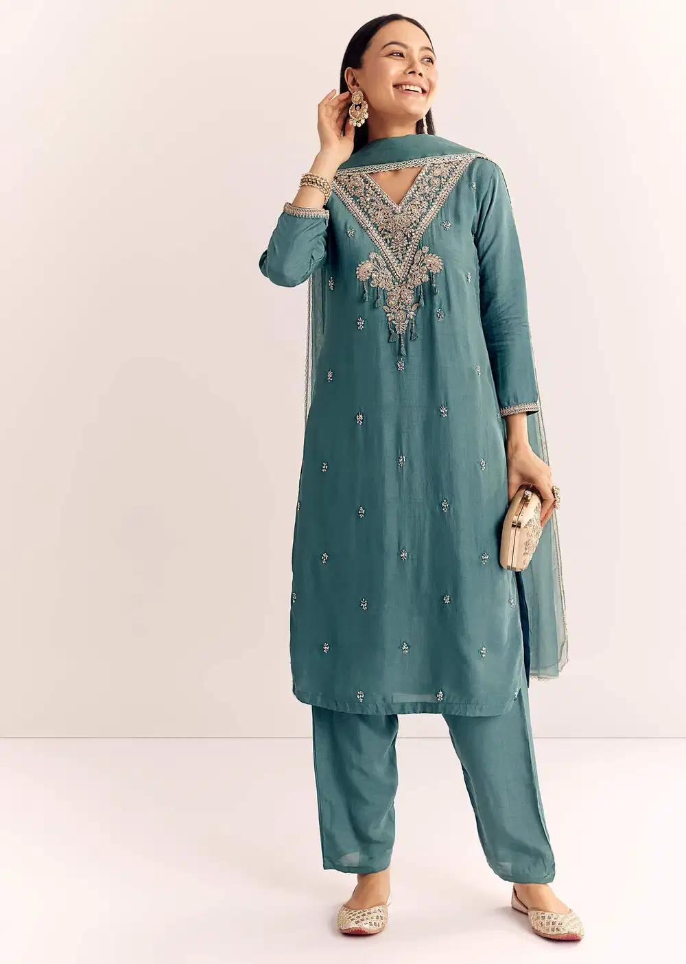 Green Zardosi Work Dola Silk Kurta Ensemble With Dupatta Outfit