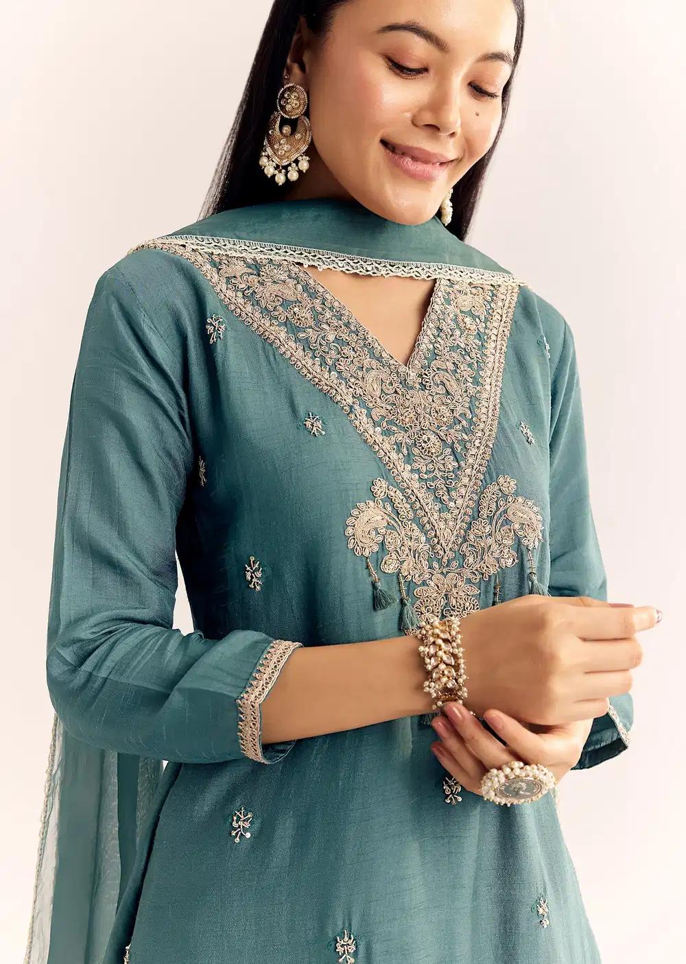 Green Zardosi Work Dola Silk Kurta Ensemble With Dupatta Outfit