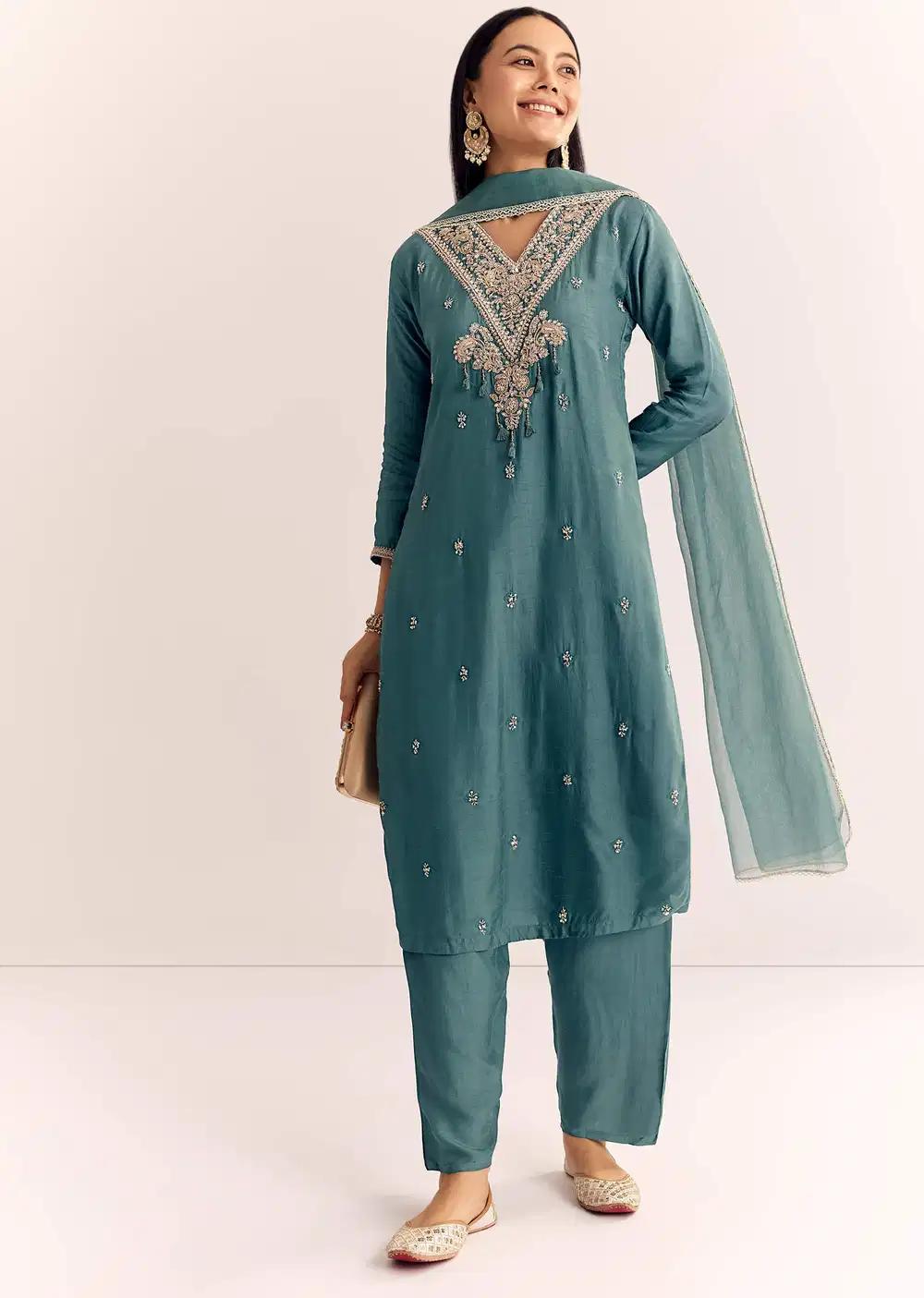 Green Zardosi Work Dola Silk Kurta Ensemble With Dupatta Outfit
