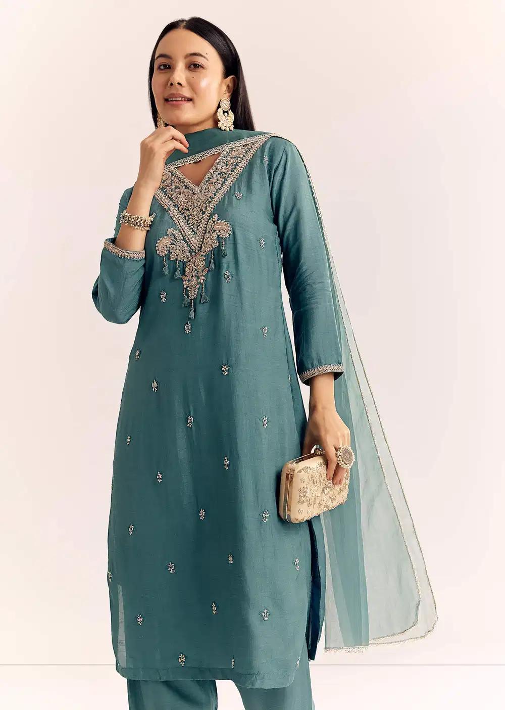 Green Zardosi Work Dola Silk Kurta Ensemble With Dupatta Outfit