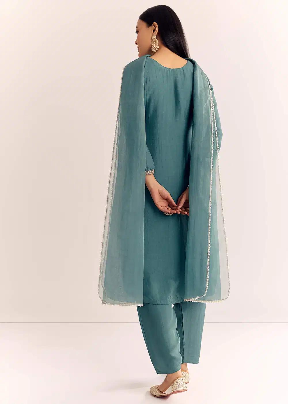 Green Zardosi Work Dola Silk Kurta Ensemble With Dupatta Outfit