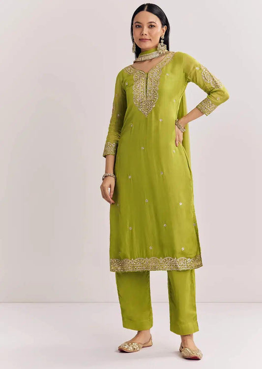 Green Zari Work Kurta Ensemble With Chiffon Dupatta Outfit