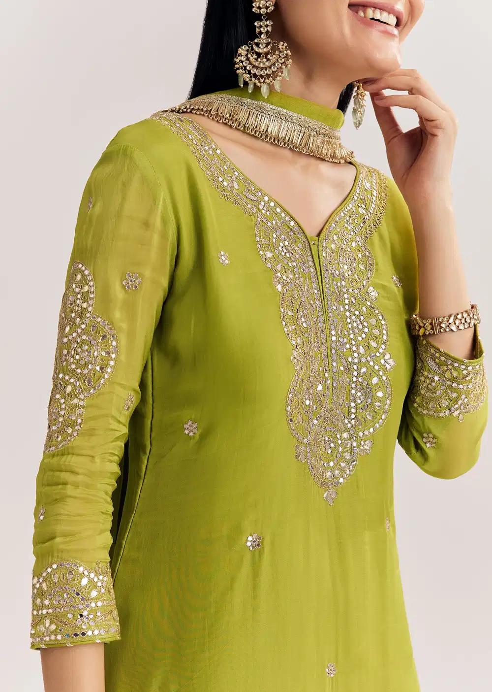 Green Zari Work Kurta Ensemble With Chiffon Dupatta Outfit