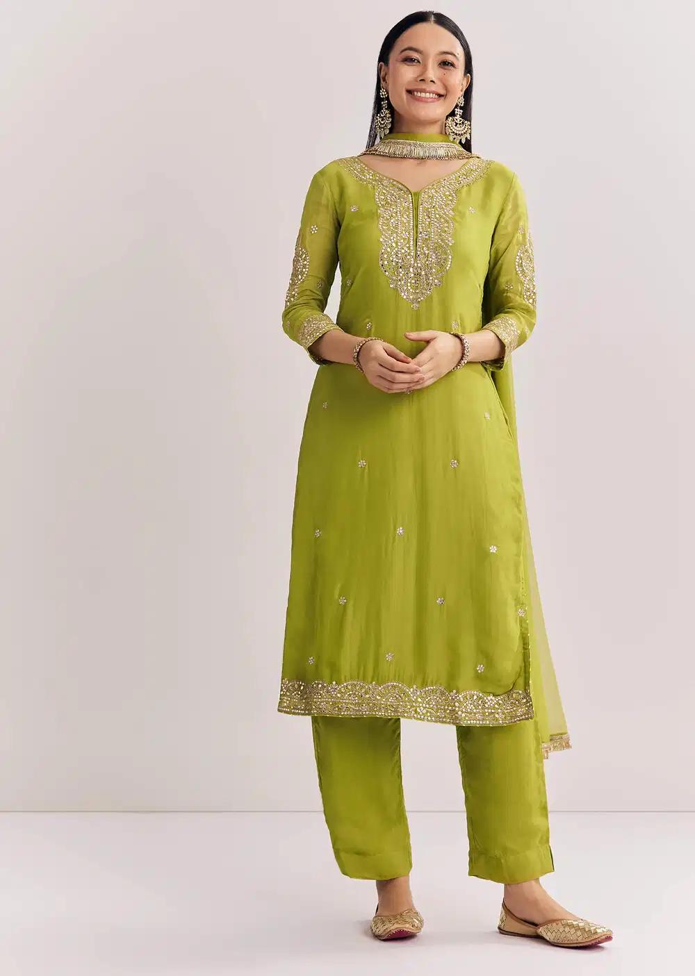 Green Zari Work Kurta Ensemble With Chiffon Dupatta Outfit