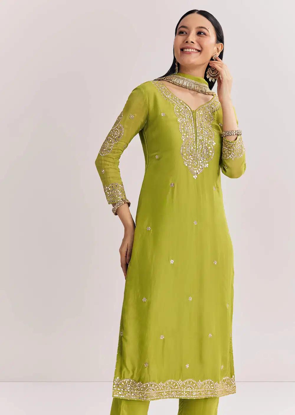 Green Zari Work Kurta Ensemble With Chiffon Dupatta Outfit