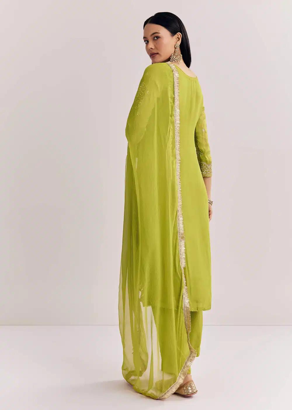 Green Zari Work Kurta Ensemble With Chiffon Dupatta Outfit