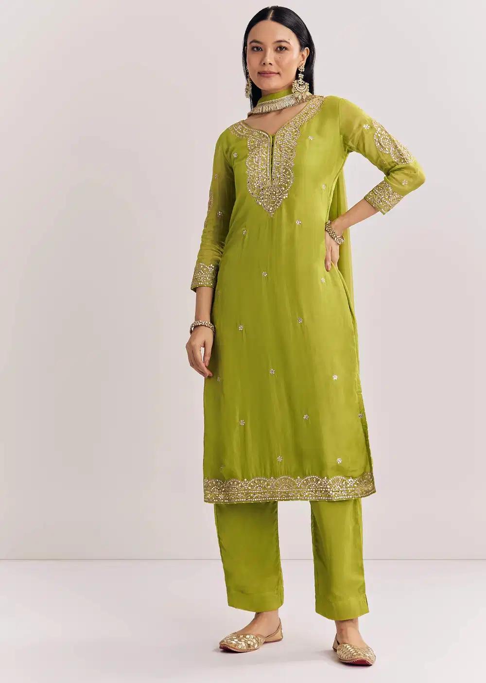 Green Zari Work Kurta Ensemble With Chiffon Dupatta Outfit