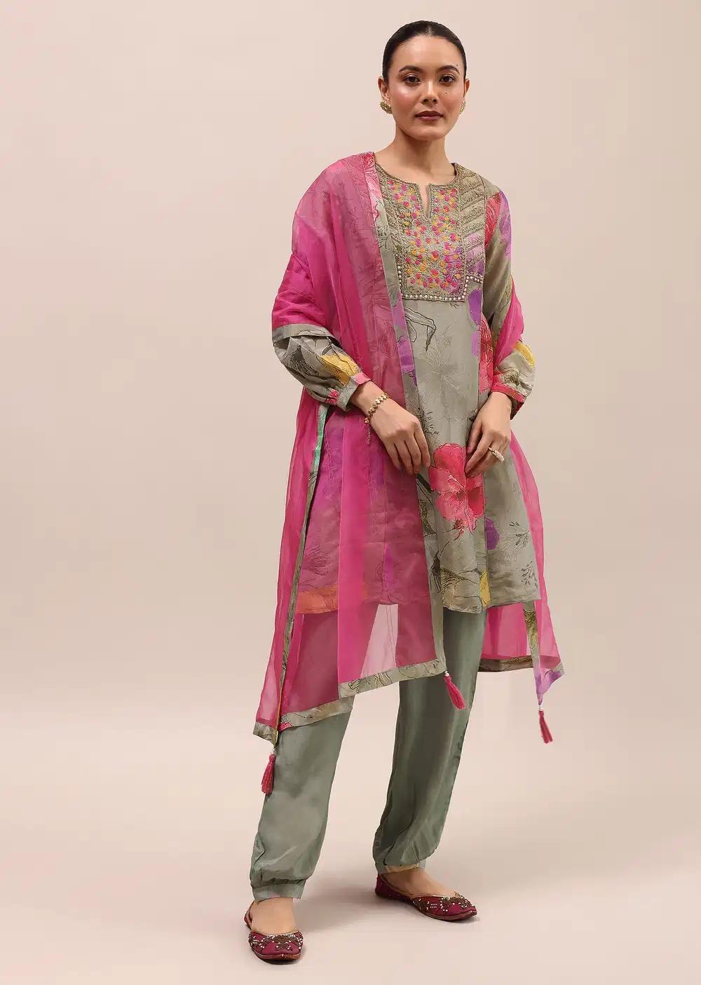 Grey And Pink Embroidered Kurta Salwar With Dupatta Outfit