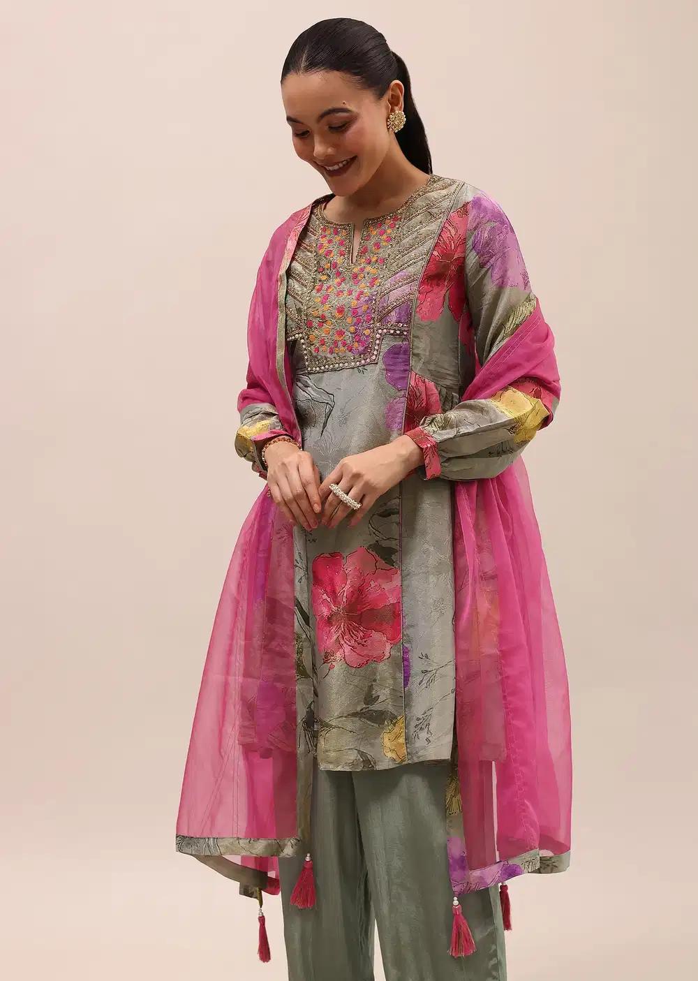 Grey And Pink Embroidered Kurta Salwar With Dupatta Outfit