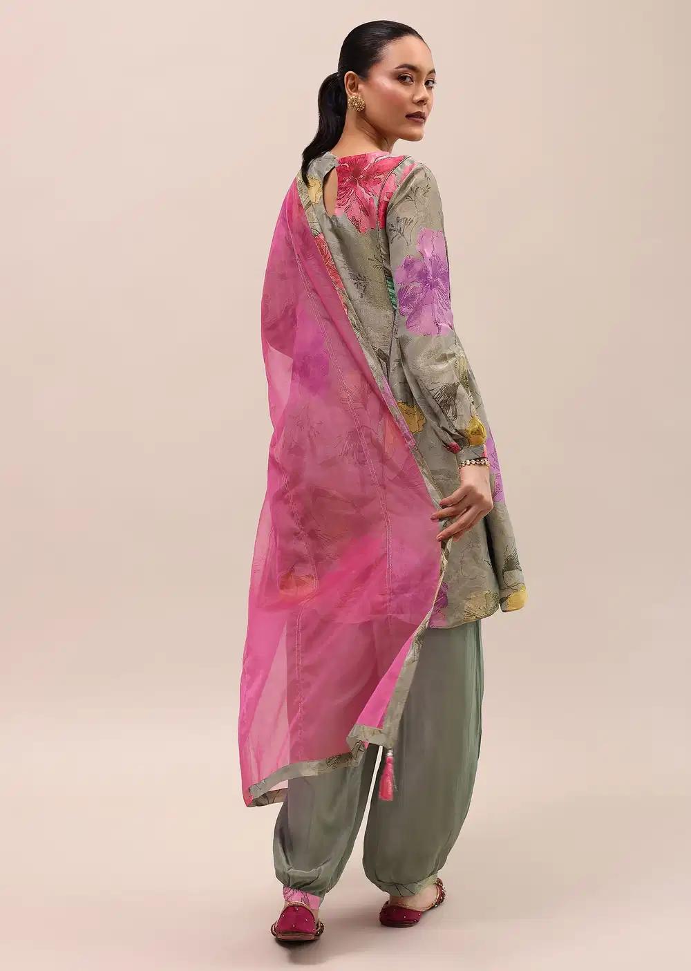 Grey And Pink Embroidered Kurta Salwar With Dupatta Outfit