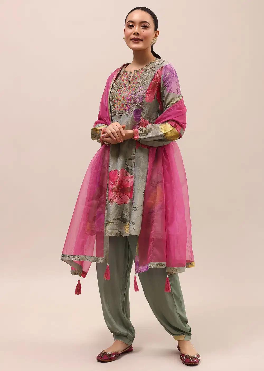 Grey And Pink Embroidered Kurta Salwar With Dupatta Outfit