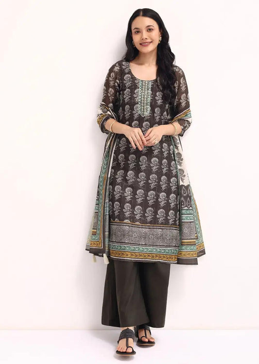 Grey Printed Chanderi Kurta Palazzo Ensemble Outfit