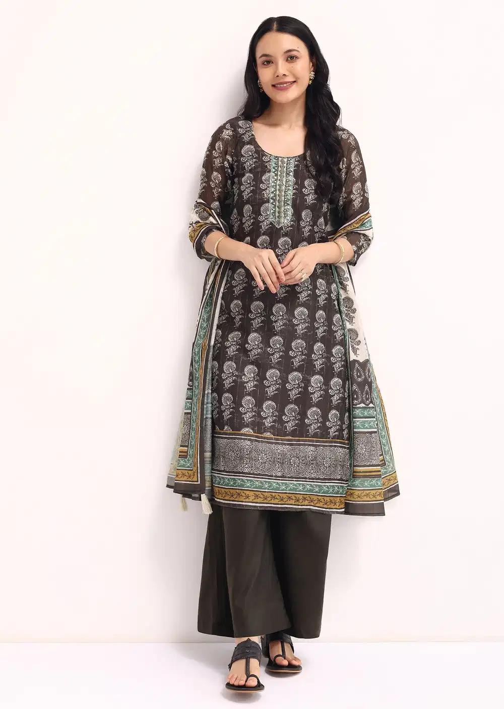 Grey Printed Chanderi Kurta Palazzo Ensemble Outfit